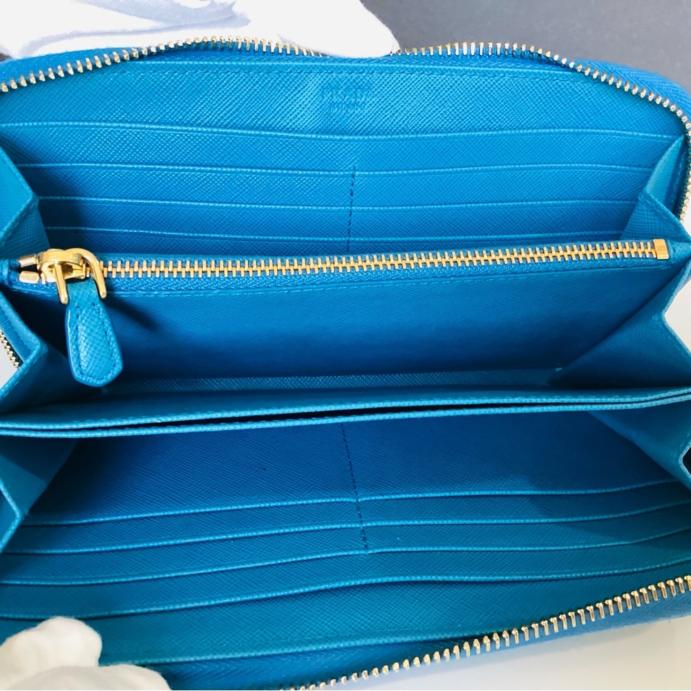Prada Saffiano Continental Wallet in Turquoise with Gold Hardware - Picture 10 of 16